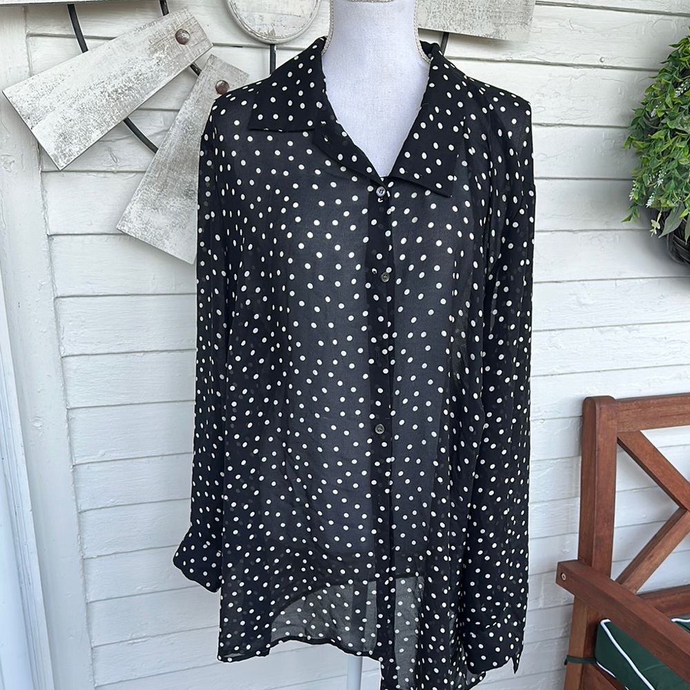 Vintage Kasper Chiffon Semi-sheer Black Polka Dot Women's Button Down Blouse